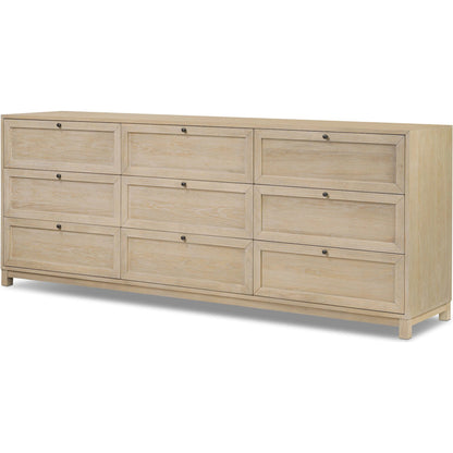 Millie 9 Drawer Dresser by Four Hands in bleached oak veneer, light bleach rubberwood. Made from oak veneer, solid parawood in a transitional style.