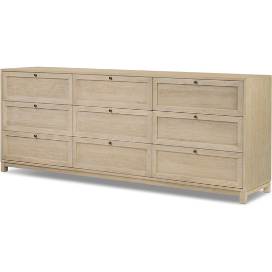 Millie 9 Drawer Dresser by Four Hands in bleached oak veneer, light bleach rubberwood. Made from oak veneer, solid parawood in a transitional style.