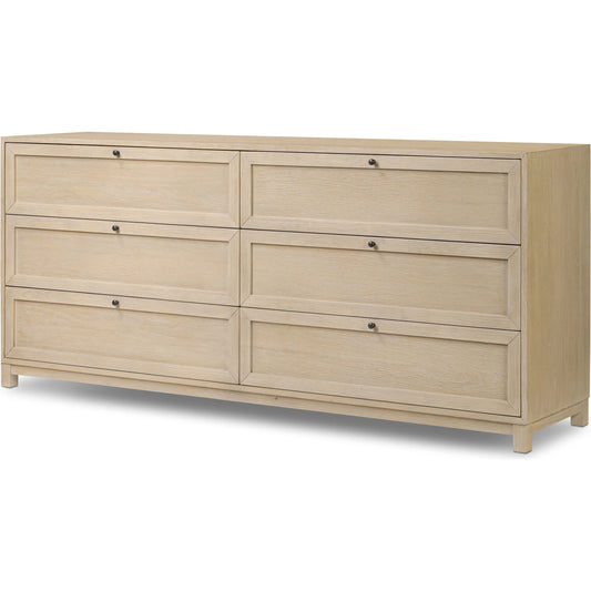 Millie 6 Drawer Dresser by Four Hands in bleached oak veneer, light bleach rubberwood. Made from oak veneer, solid parawood in a transitional style.