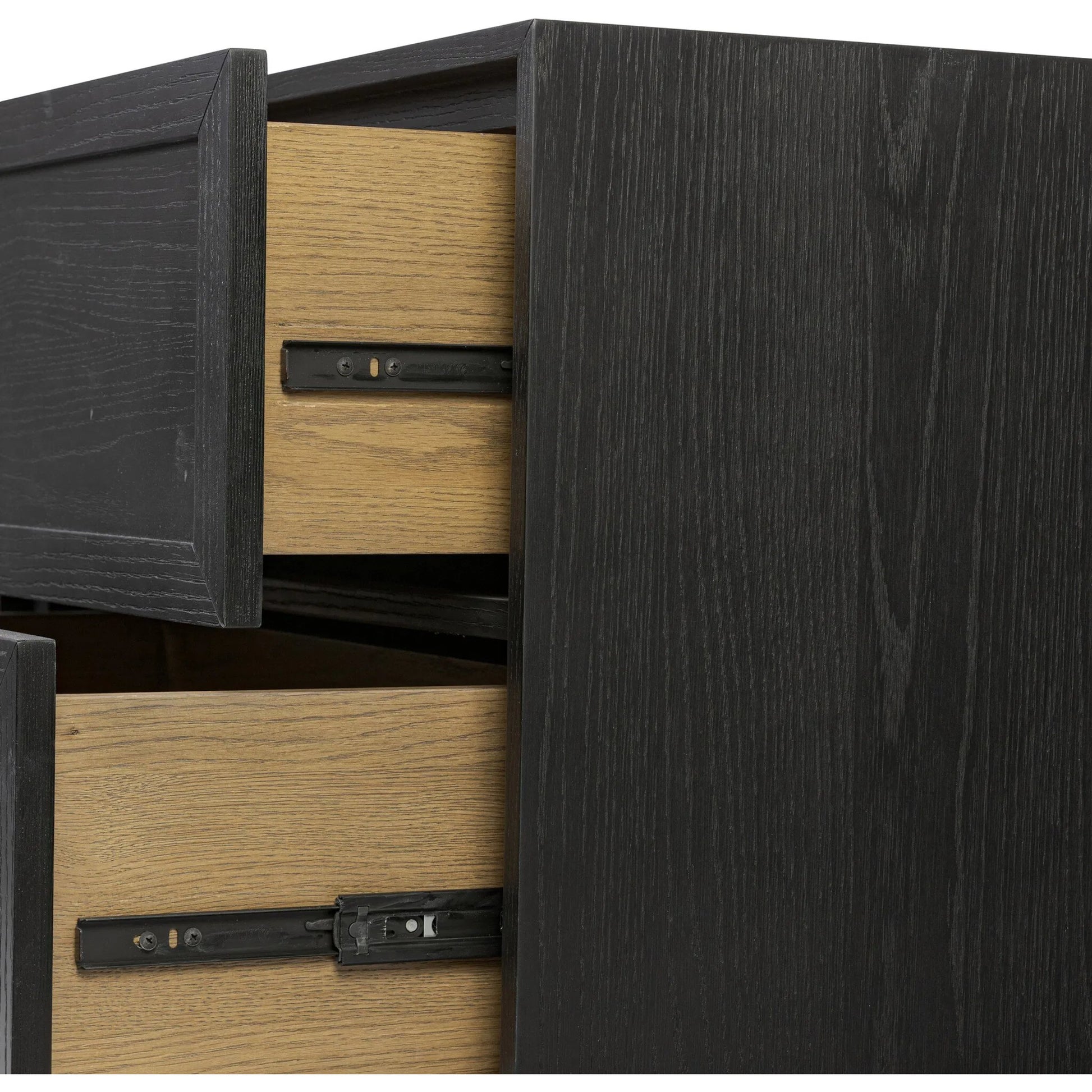 Millie Nightstand by Four Hands in drifted matte black veneer, antique pewter, drifted oak. Made from unique in a modern style.