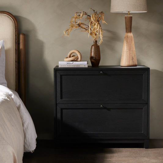 Millie Nightstand by Four Hands in drifted matte black veneer, antique pewter, drifted oak. Made from oak veneer, solid parawood, iron in a modern style.