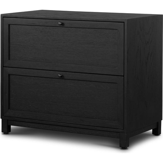 Millie Nightstand by Four Hands in drifted matte black veneer, antique pewter, drifted oak. Made from oak veneer, solid parawood, iron in a modern style.