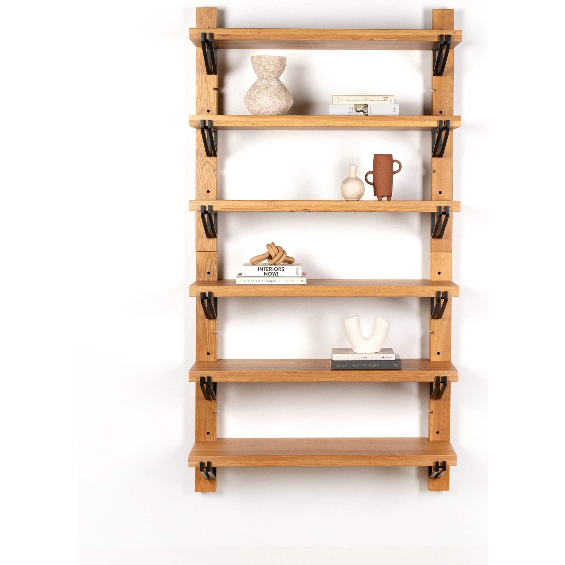 Pivott Shelf by Four Hands in dark iron, natural oak. Made from iron, oak veneer, solid oak in a rustic style.