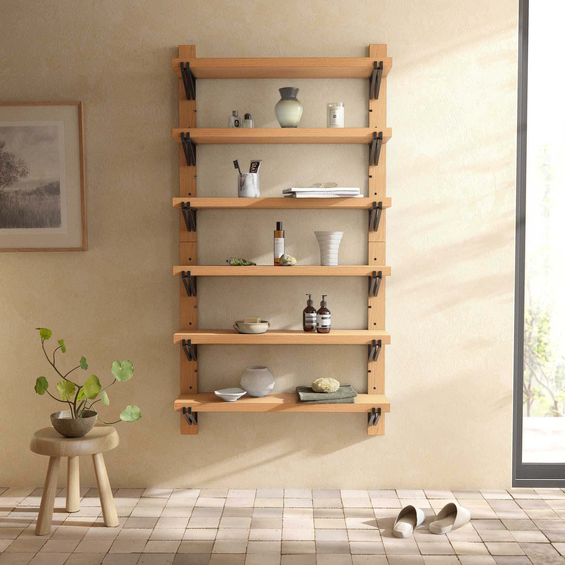 Pivott Shelf by Four Hands in dark iron, natural oak. Made from iron, oak veneer, solid oak in a rustic style.