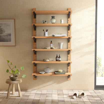 Pivott Shelf by Four Hands in dark iron, natural oak. Made from iron, oak veneer, solid oak in a rustic style.