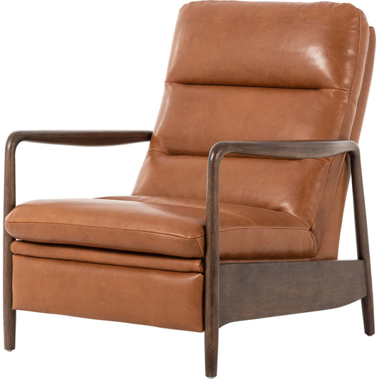 Rhodes Recliner by Four Hands in dakota tobacco and almond. Made from top grain leather, solid parawood, 100% polyester in a modern style.