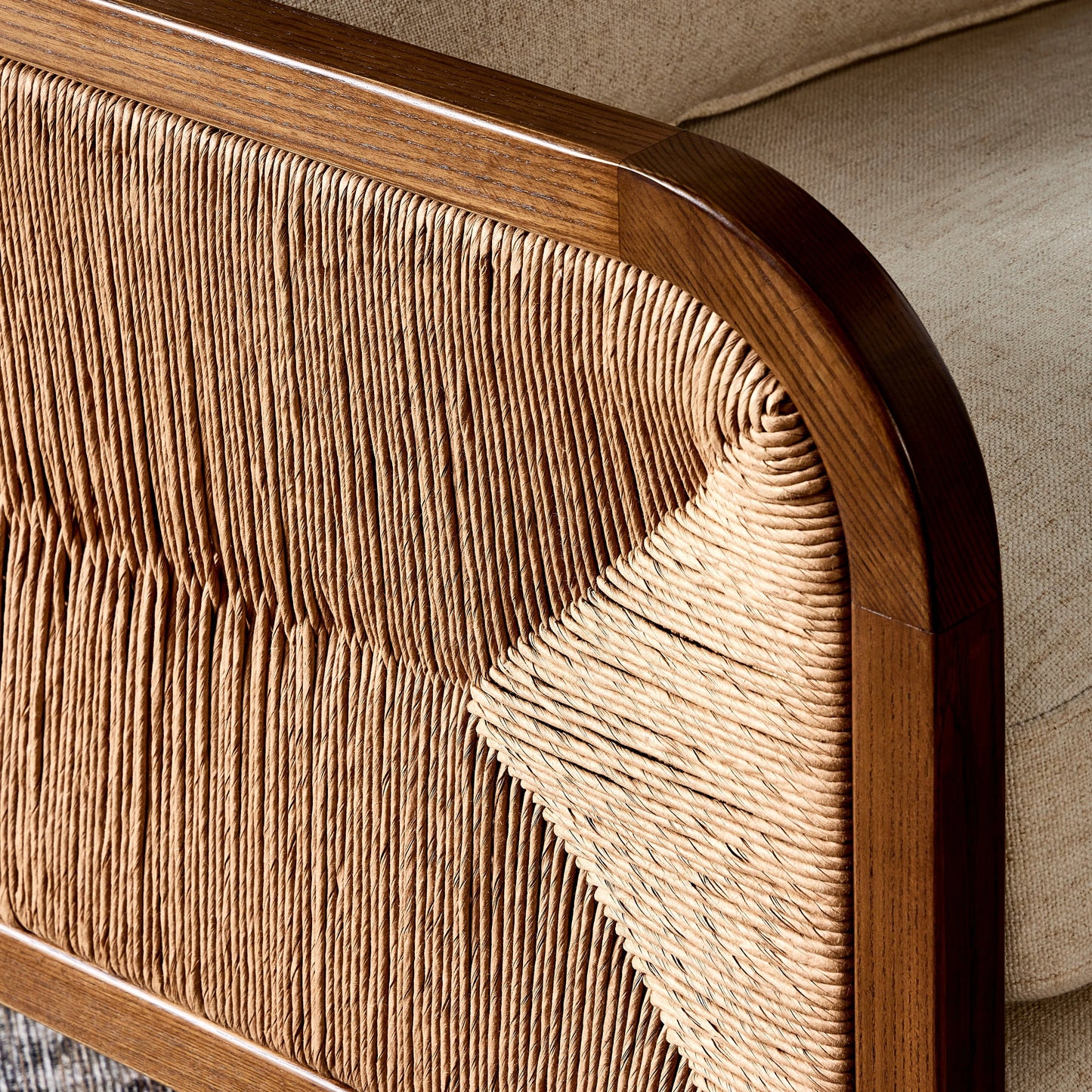011 SI-2074392 | Closeup | Kalani Chair by Four Hands in alcala cream and vintage ash, natural paper rush. Made from 70% polyester, 20% viscose (rayon), 10% flax, linen, solid ash, rush in a modern style.