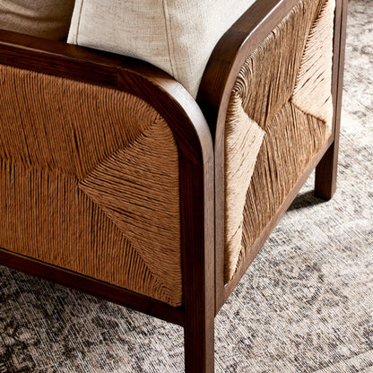 Kalani Chair by Four Hands in alcala cream and vintage ash, natural paper rush. Made from 70% polyester, 20% viscose (rayon), 10% flax, linen, solid ash, rush in a modern style.