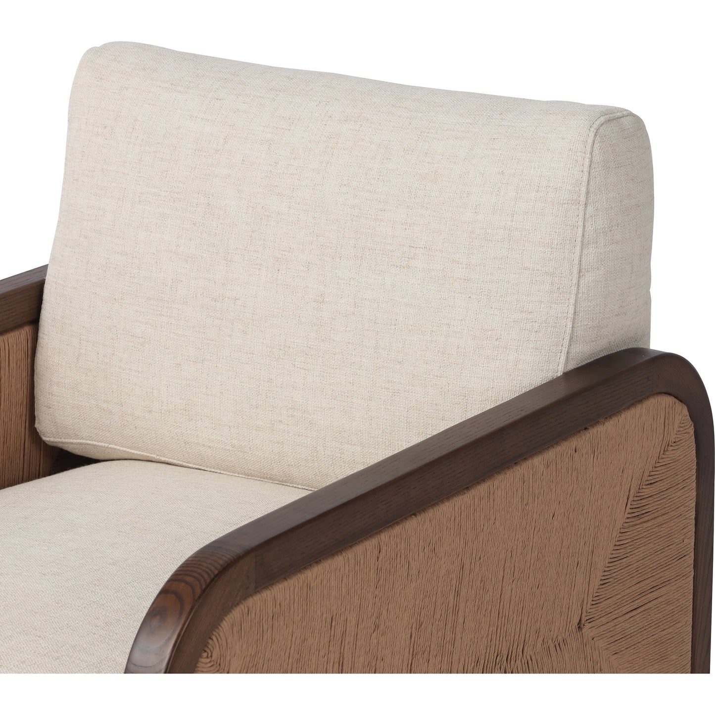 007 SI-2074392 | Closeup | Kalani Chair by Four Hands in alcala cream and vintage ash, natural paper rush. Made from 70% polyester, 20% viscose (rayon), 10% flax, linen, solid ash, rush in a modern style.