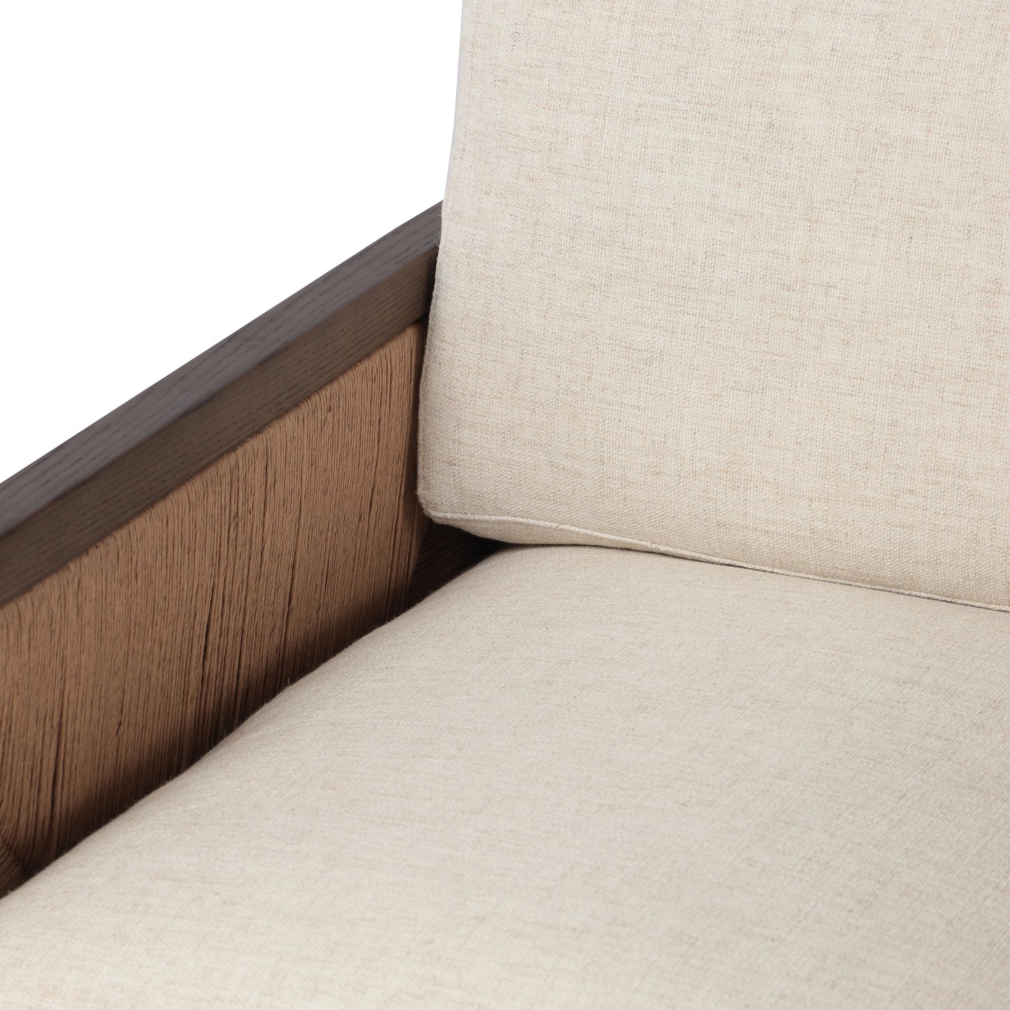 008 SI-2074392 | Closeup | Kalani Chair by Four Hands in alcala cream and vintage ash, natural paper rush. Made from 70% polyester, 20% viscose (rayon), 10% flax, linen, solid ash, rush in a modern style.