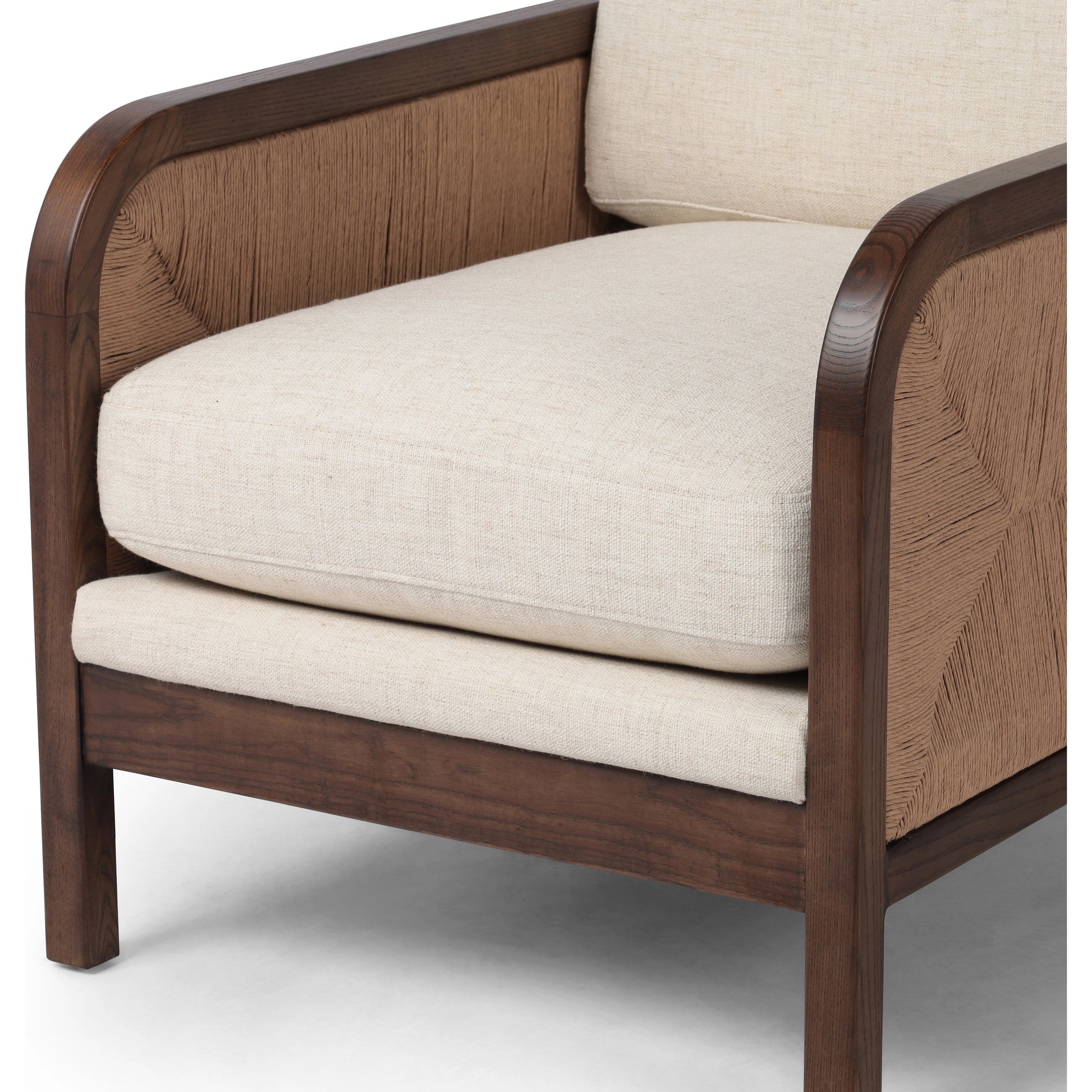 Kalani Chair by Four Hands in alcala cream and vintage ash, natural paper rush. Made from 70% polyester, 20% viscose (rayon), 10% flax, linen, solid ash, rush in a modern style.
