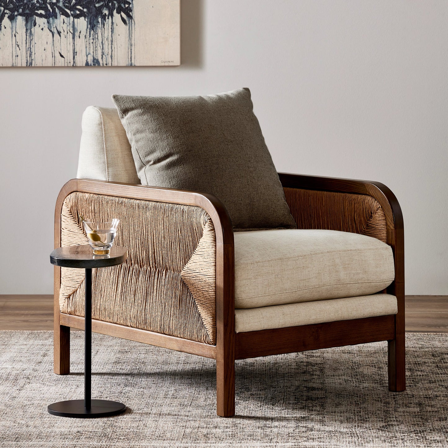 005 SI-2074392 | Lifestyle | Kalani Chair by Four Hands in alcala cream and vintage ash, natural paper rush. Made from 70% polyester, 20% viscose (rayon), 10% flax, linen, solid ash, rush in a modern style.