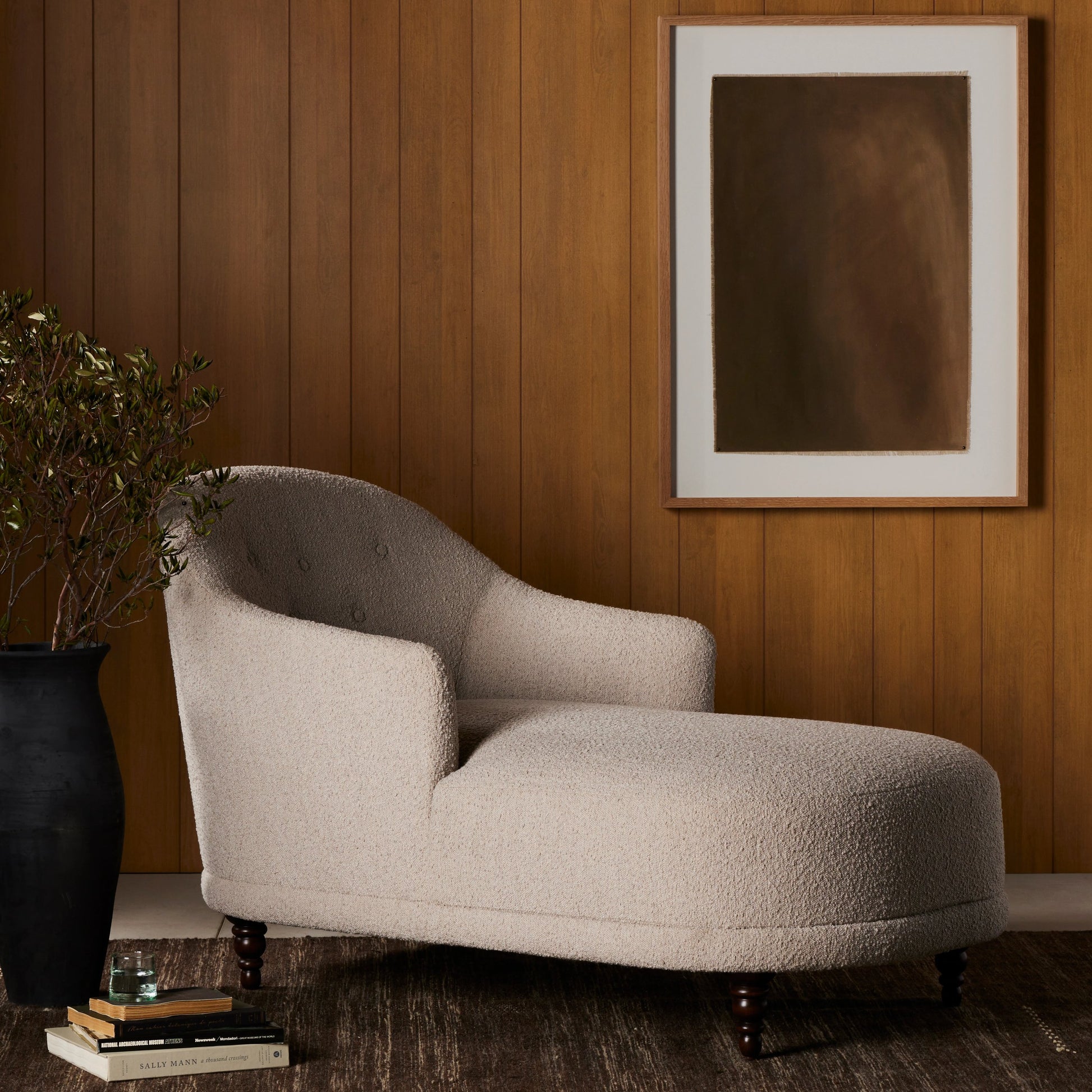 Marnie Chaise Lounge by Four Hands in knoll mink. Made from 95% polyester, 5% acrylic, solid rosa morada, pine plywood in a modern style.