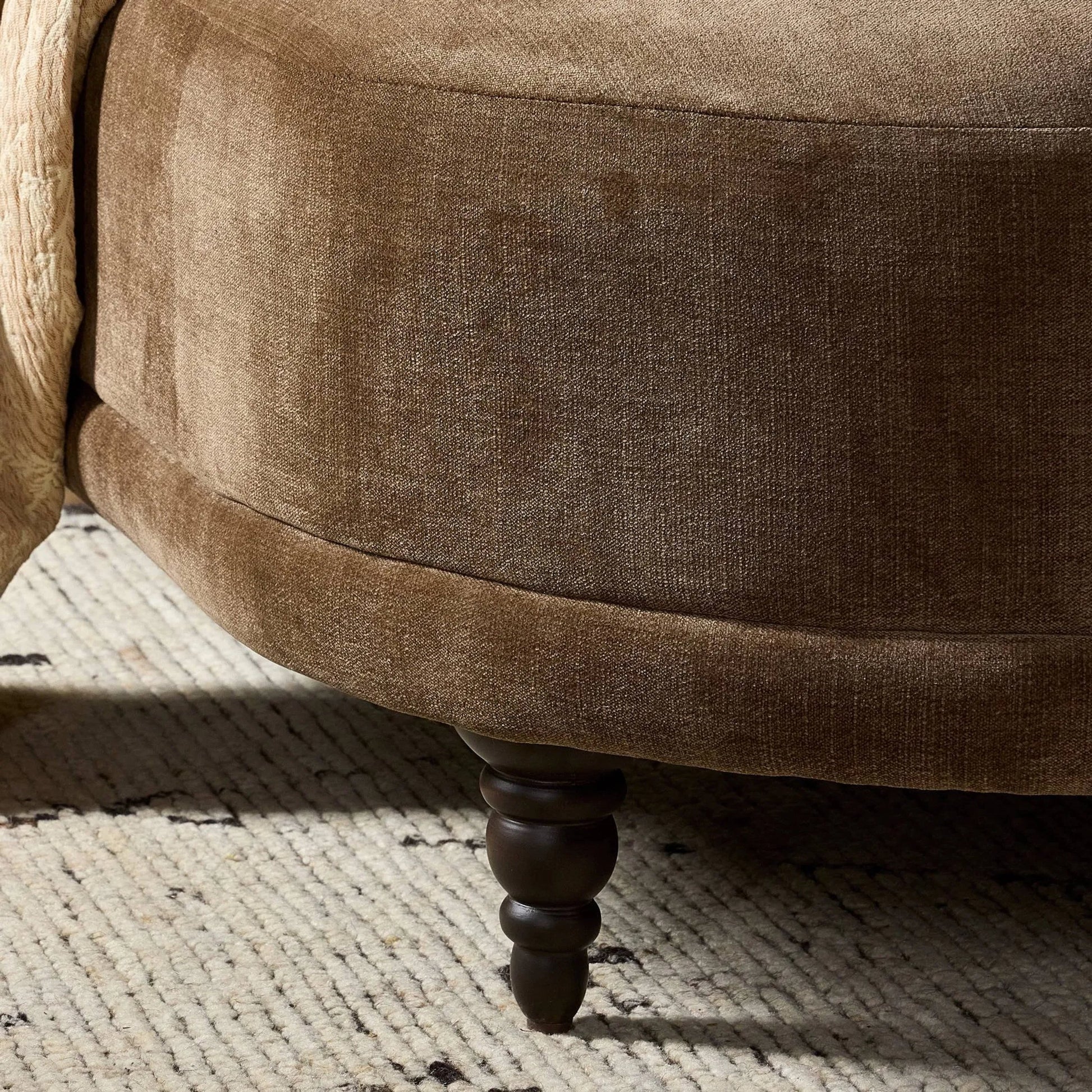 Marnie Velvet Chaise Lounge by Four Hands in altair mushroom, aged sienna. Made from 100% polyester, solid rosa morada in a unique style.