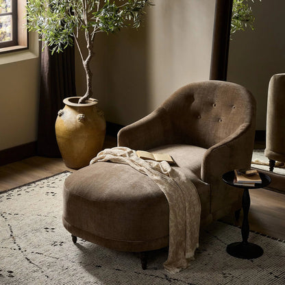 Marnie Velvet Chaise Lounge by Four Hands in altair mushroom, aged sienna. Made from 100% polyester, solid rosa morada in a unique style.