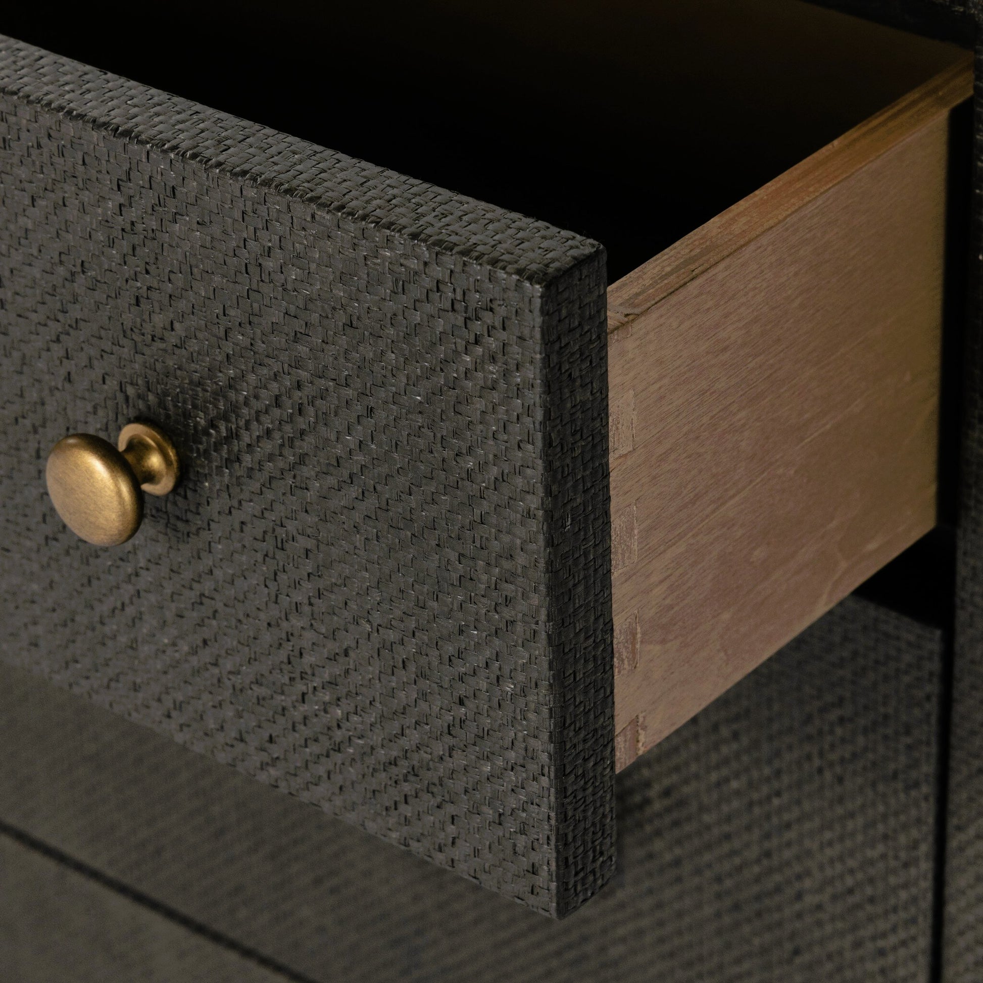 Fiona 6 Drawer Dresser by Four Hands in black raffia. Made from solid mahogany, sugar palm, iron in a modern style.