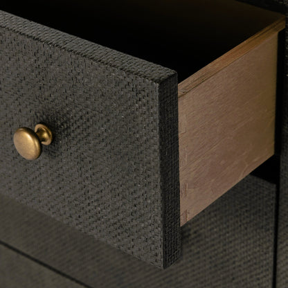 Fiona 6 Drawer Dresser by Four Hands in black raffia. Made from solid mahogany, sugar palm, iron in a modern style.