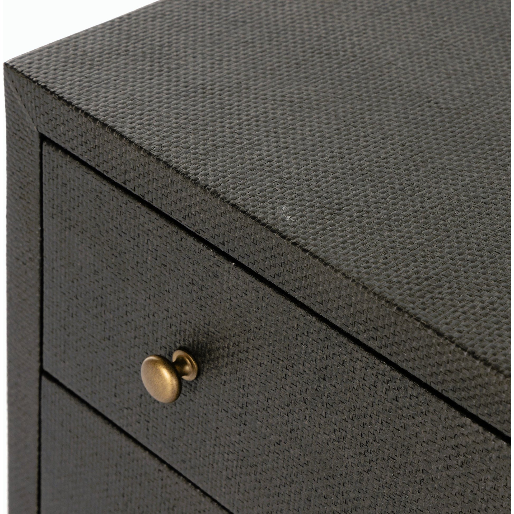 Fiona 6 Drawer Dresser by Four Hands in black raffia. Made from solid mahogany, sugar palm, iron in a modern style.