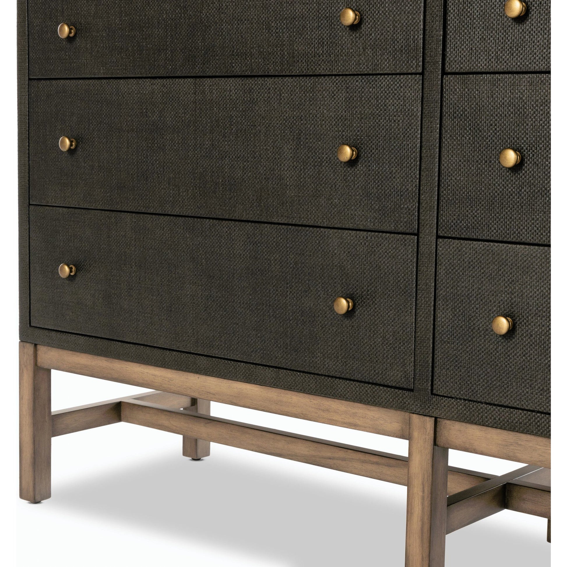 Fiona 6 Drawer Dresser by Four Hands in black raffia. Made from solid mahogany, sugar palm, iron in a modern style.