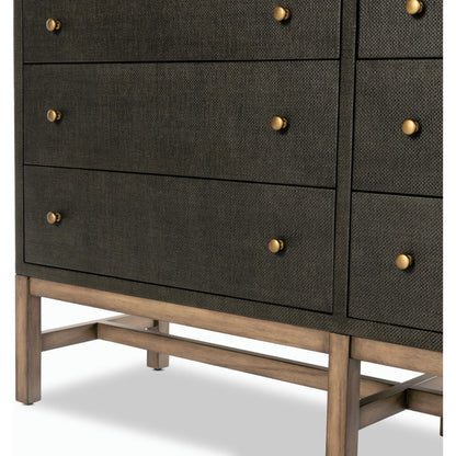Fiona 6 Drawer Dresser by Four Hands in black raffia. Made from solid mahogany, sugar palm, iron in a modern style.