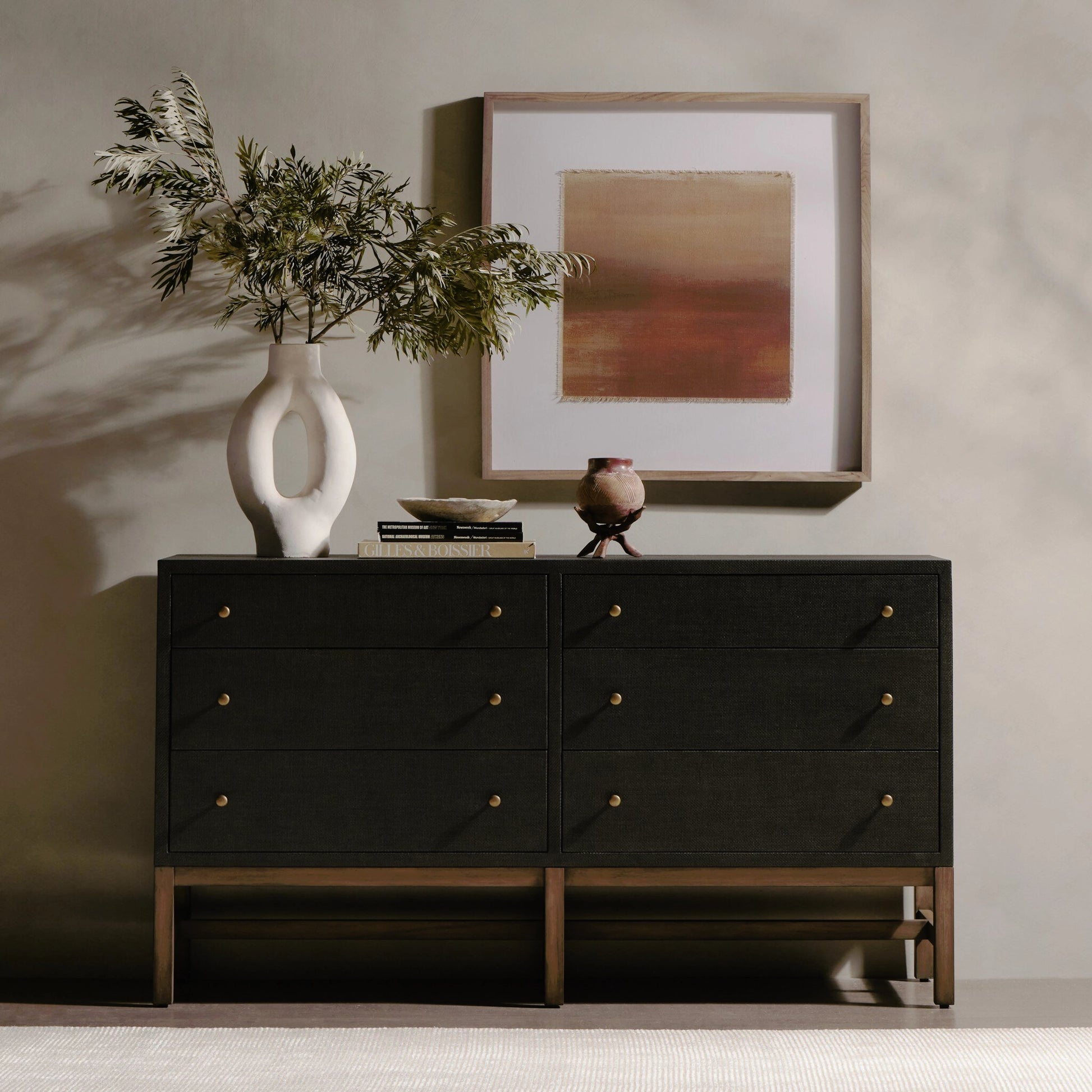 Fiona 6 Drawer Dresser by Four Hands in black raffia. Made from solid mahogany, sugar palm, iron in a modern style.