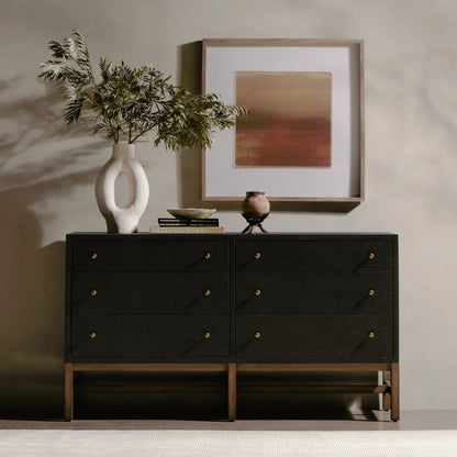 Fiona 6 Drawer Dresser by Four Hands in black raffia. Made from solid mahogany, sugar palm, iron in a modern style.