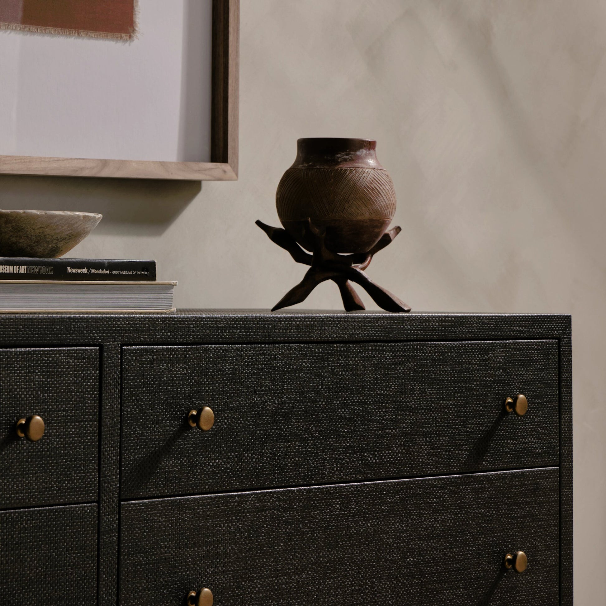 Fiona 6 Drawer Dresser by Four Hands in black raffia. Made from solid mahogany, sugar palm, iron in a modern style.