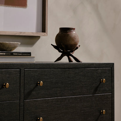 Fiona 6 Drawer Dresser by Four Hands in black raffia. Made from solid mahogany, sugar palm, iron in a modern style.