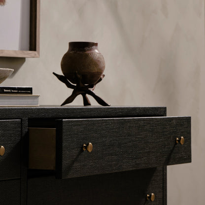 Fiona 6 Drawer Dresser by Four Hands in black raffia. Made from solid mahogany, sugar palm, iron in a modern style.