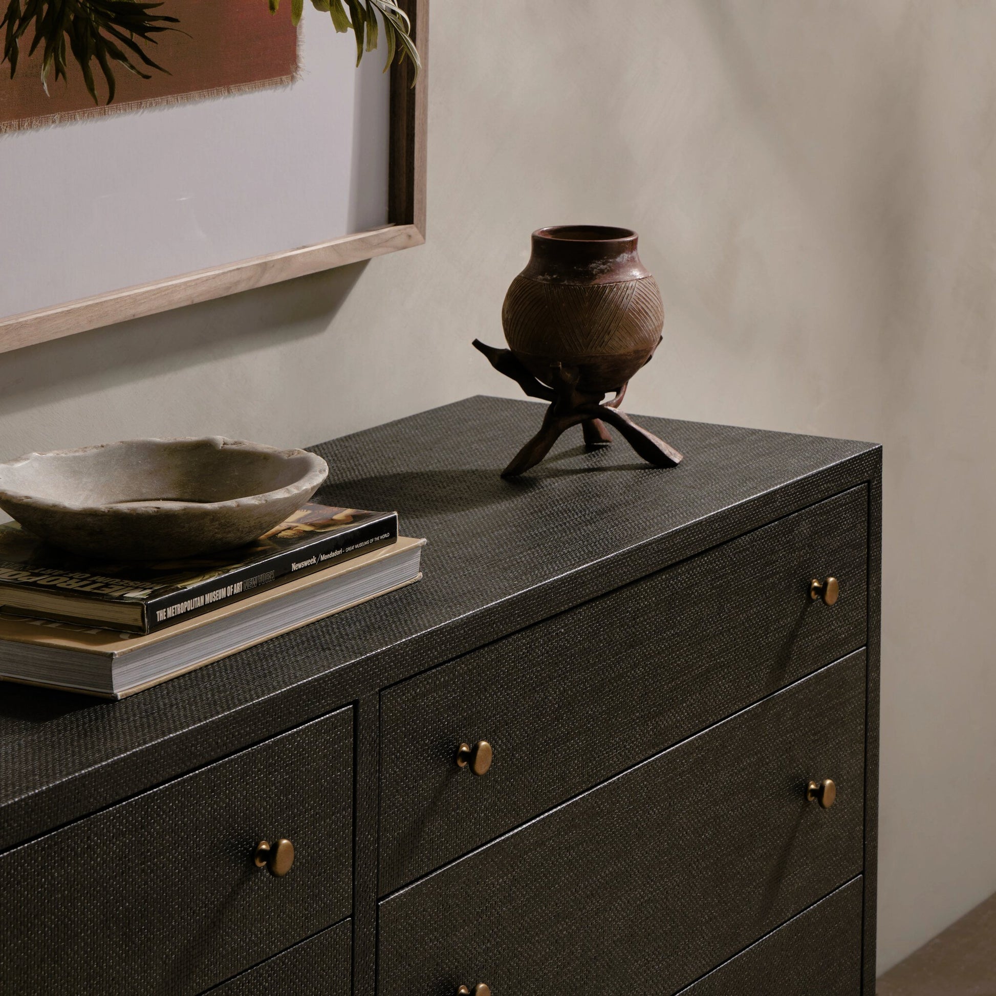 Fiona 6 Drawer Dresser by Four Hands in black raffia. Made from solid mahogany, sugar palm, iron in a modern style.