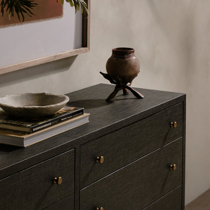 Fiona 6 Drawer Dresser by Four Hands in black raffia. Made from solid mahogany, sugar palm, iron in a modern style.