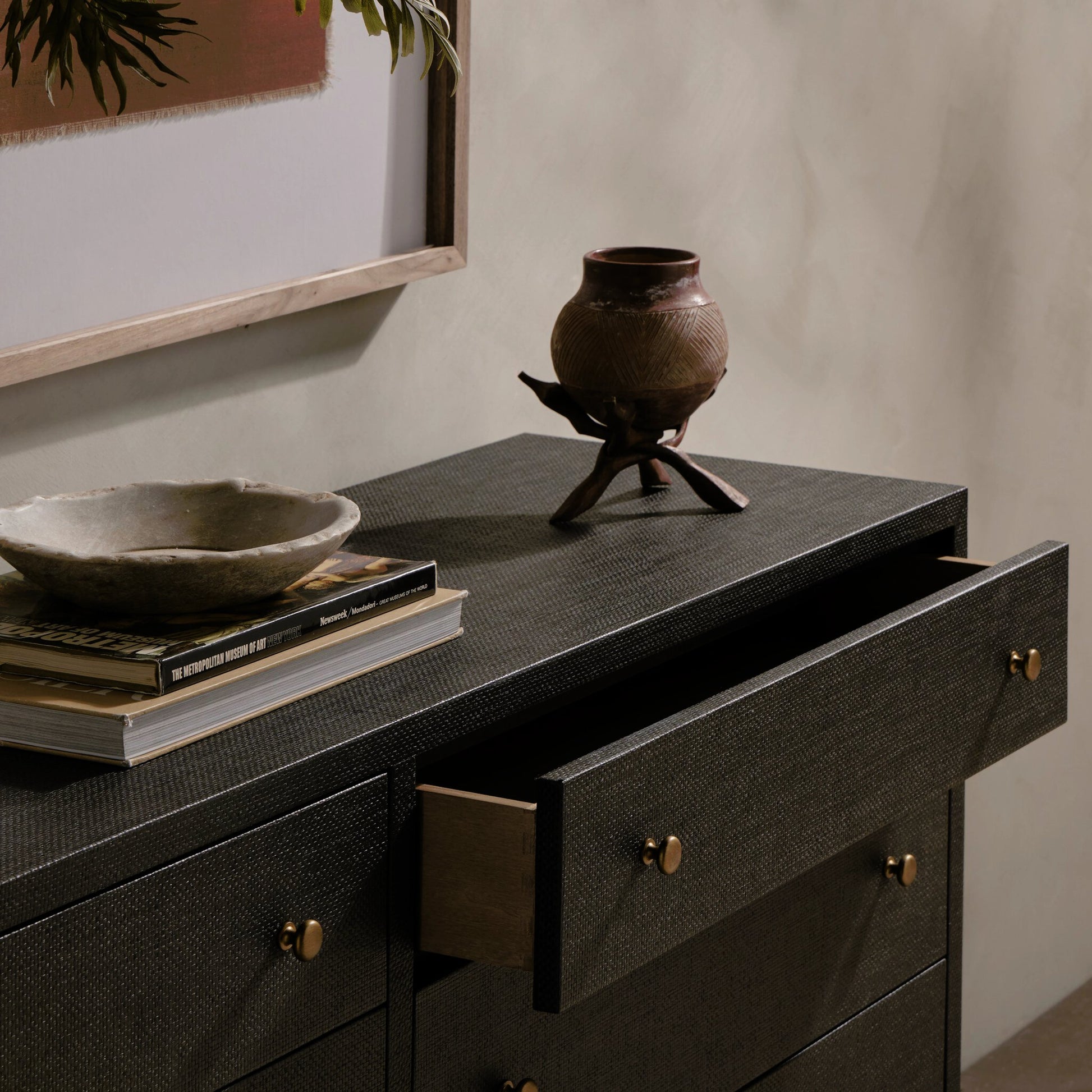 Fiona 6 Drawer Dresser by Four Hands in black raffia. Made from solid mahogany, sugar palm, iron in a modern style.