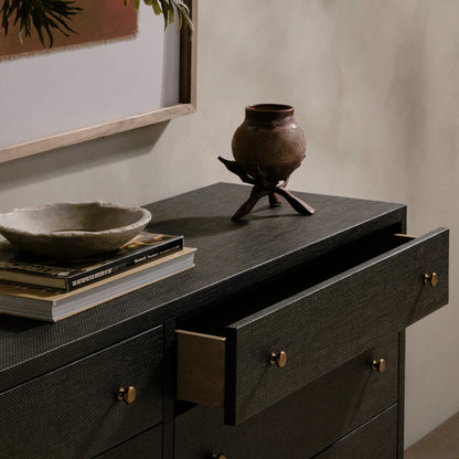 Fiona 6 Drawer Dresser by Four Hands in black raffia. Made from solid mahogany, sugar palm, iron in a modern style.