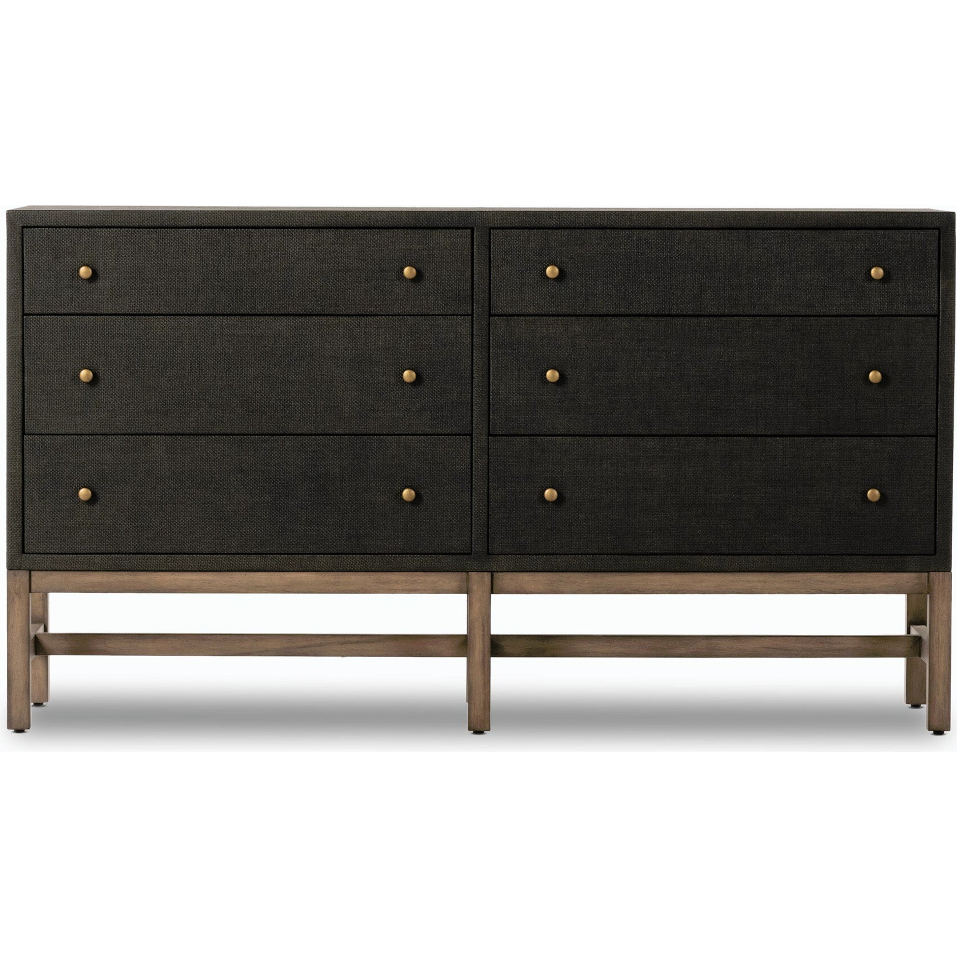 Fiona 6 Drawer Dresser by Four Hands in black raffia. Made from solid mahogany, sugar palm, iron in a modern style.