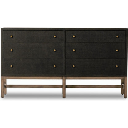 Fiona 6 Drawer Dresser by Four Hands in black raffia. Made from solid mahogany, sugar palm, iron in a modern style.