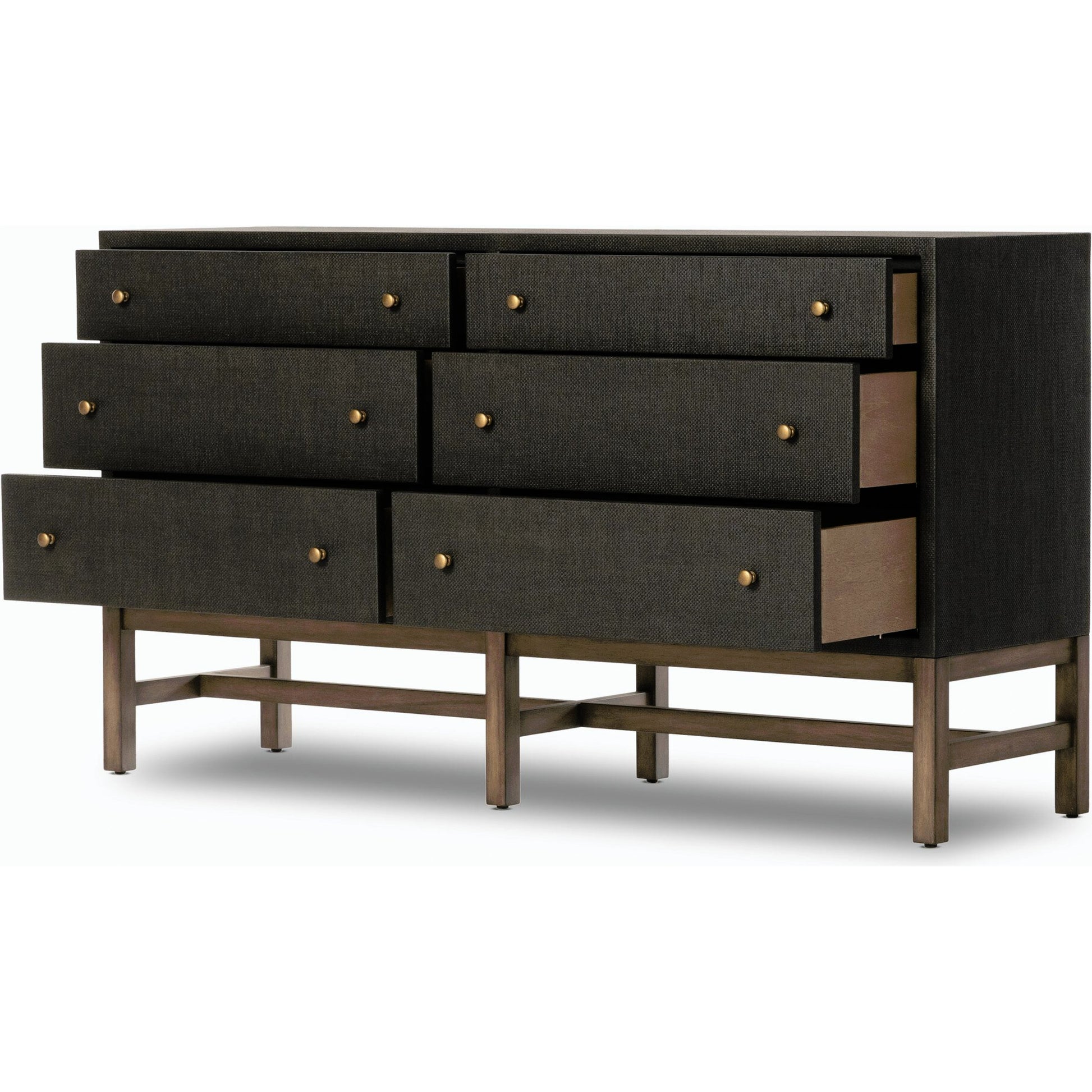 Fiona 6 Drawer Dresser by Four Hands in black raffia. Made from solid mahogany, sugar palm, iron in a modern style.