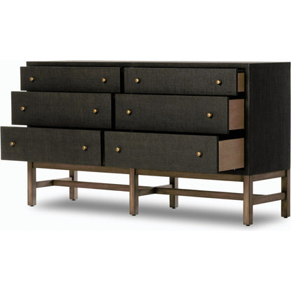 Fiona 6 Drawer Dresser by Four Hands in black raffia. Made from solid mahogany, sugar palm, iron in a modern style.