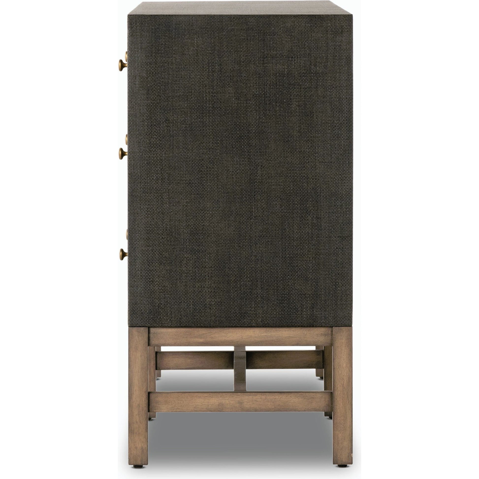 Fiona 6 Drawer Dresser by Four Hands in black raffia. Made from solid mahogany, sugar palm, iron in a modern style.