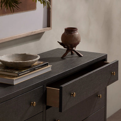 Fiona 6 Drawer Dresser by Four Hands in black raffia. Made from solid mahogany, sugar palm, iron in a modern style.