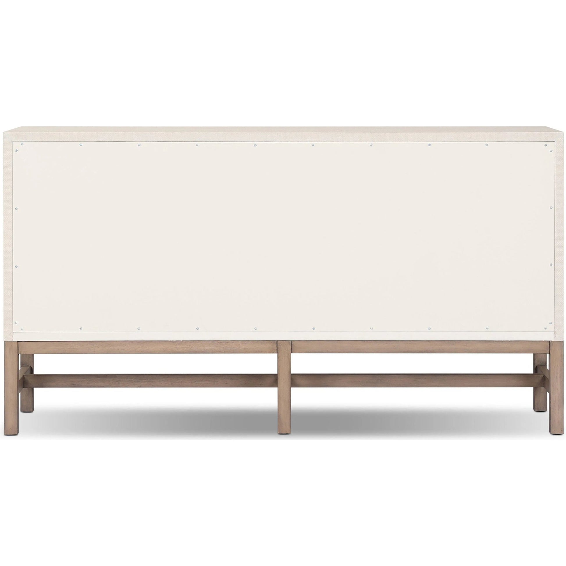 Fiona 6 Drawer Dresser by Four Hands in ivory painted raffia, russet mahogany, light antique brass. Made from sugar palm, solid mahogany, steel in a transitional style.