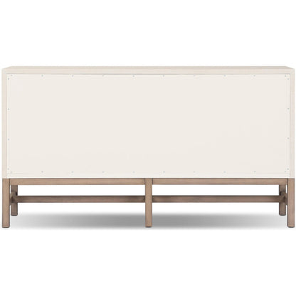 Fiona 6 Drawer Dresser by Four Hands in ivory painted raffia, russet mahogany, light antique brass. Made from sugar palm, solid mahogany, steel in a transitional style.