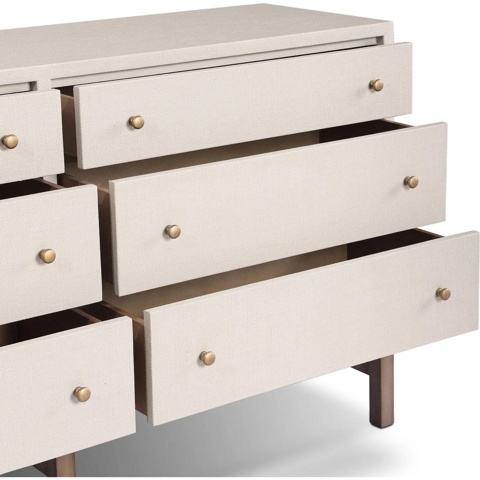 Fiona 6 Drawer Dresser by Four Hands in ivory painted raffia, russet mahogany, light antique brass. Made from sugar palm, solid mahogany, steel in a transitional style.