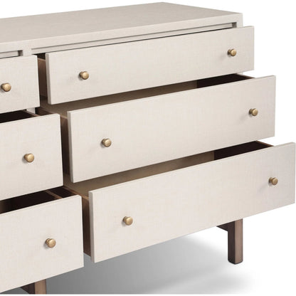 Fiona 6 Drawer Dresser by Four Hands in ivory painted raffia, russet mahogany, light antique brass. Made from sugar palm, solid mahogany, steel in a transitional style.