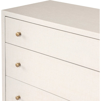 Fiona 6 Drawer Dresser by Four Hands in ivory painted raffia, russet mahogany, light antique brass. Made from sugar palm, solid mahogany, steel in a transitional style.