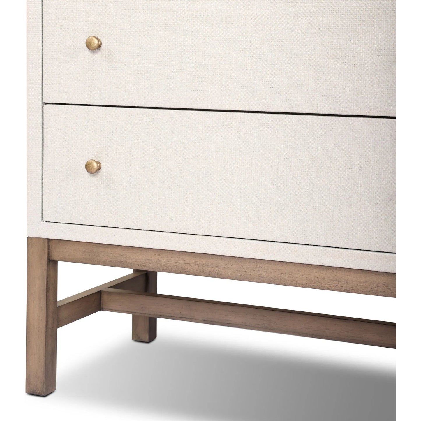 009 SI-2519171 | Closeup | Fiona 6 Drawer Dresser by Four Hands in ivory painted raffia, russet mahogany, light antique brass. Made from sugar palm, solid mahogany, steel in a transitional style.