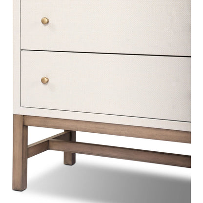 Fiona 6 Drawer Dresser by Four Hands in ivory painted raffia, russet mahogany, light antique brass. Made from sugar palm, solid mahogany, steel in a transitional style.