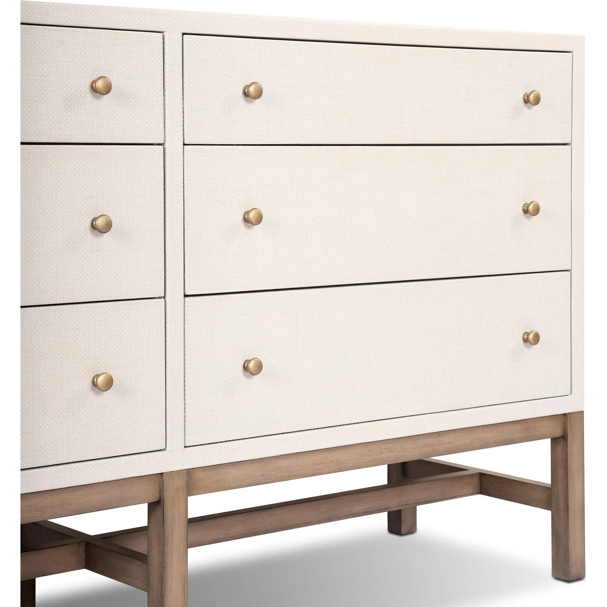 Fiona 6 Drawer Dresser by Four Hands in ivory painted raffia, russet mahogany, light antique brass. Made from sugar palm, solid mahogany, steel in a transitional style.