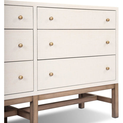 Fiona 6 Drawer Dresser by Four Hands in ivory painted raffia, russet mahogany, light antique brass. Made from sugar palm, solid mahogany, steel in a transitional style.