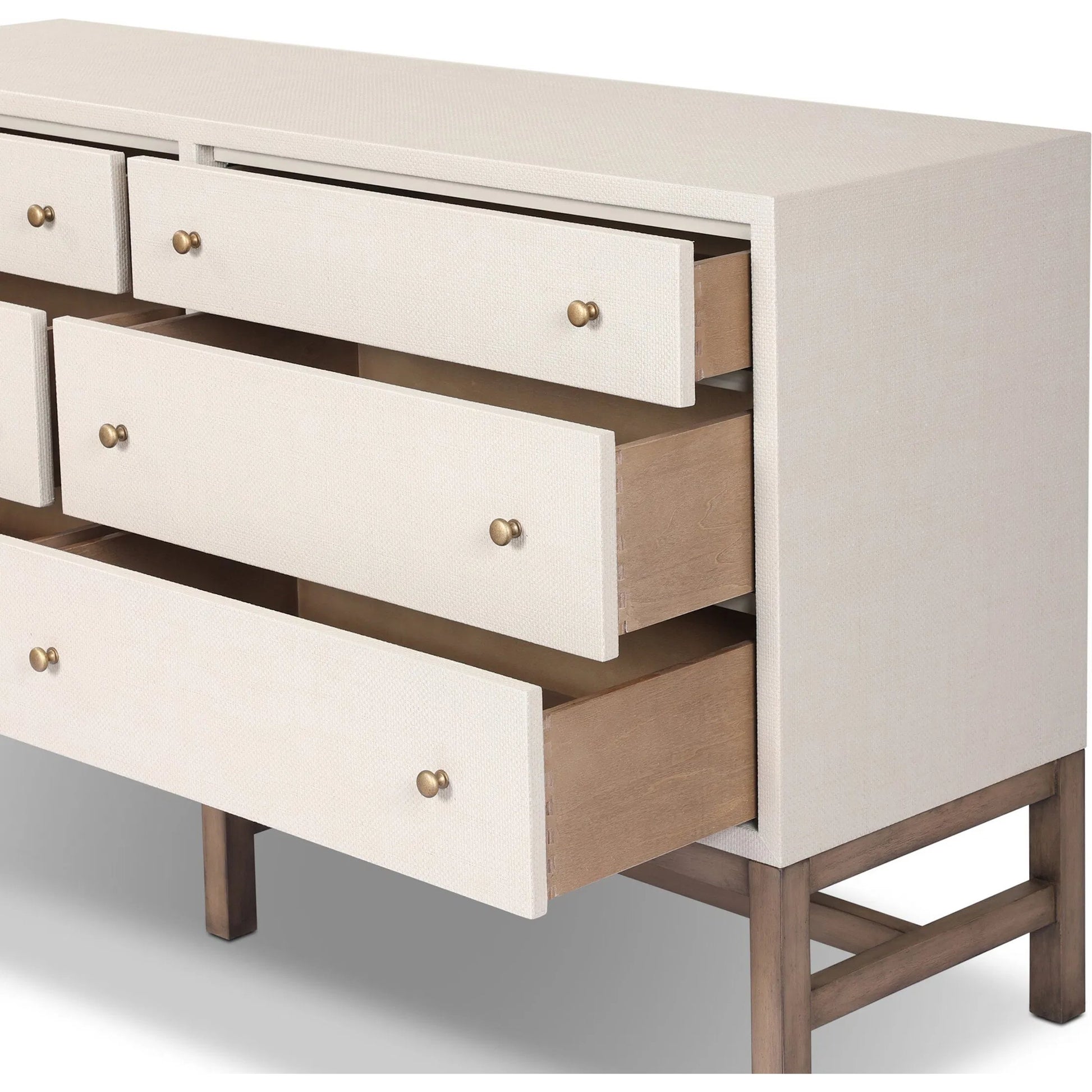 Fiona 6 Drawer Dresser by Four Hands in ivory painted raffia, russet mahogany, light antique brass. Made from sugar palm, solid mahogany, steel in a transitional style.