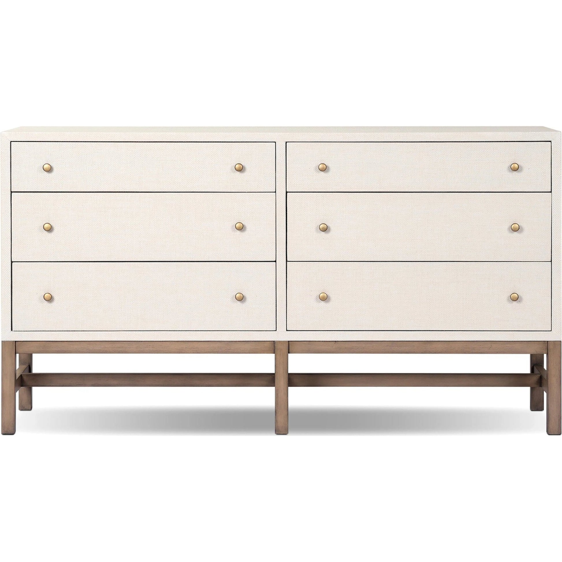 Fiona 6 Drawer Dresser by Four Hands in ivory painted raffia, russet mahogany, light antique brass. Made from sugar palm, solid mahogany, steel in a transitional style.